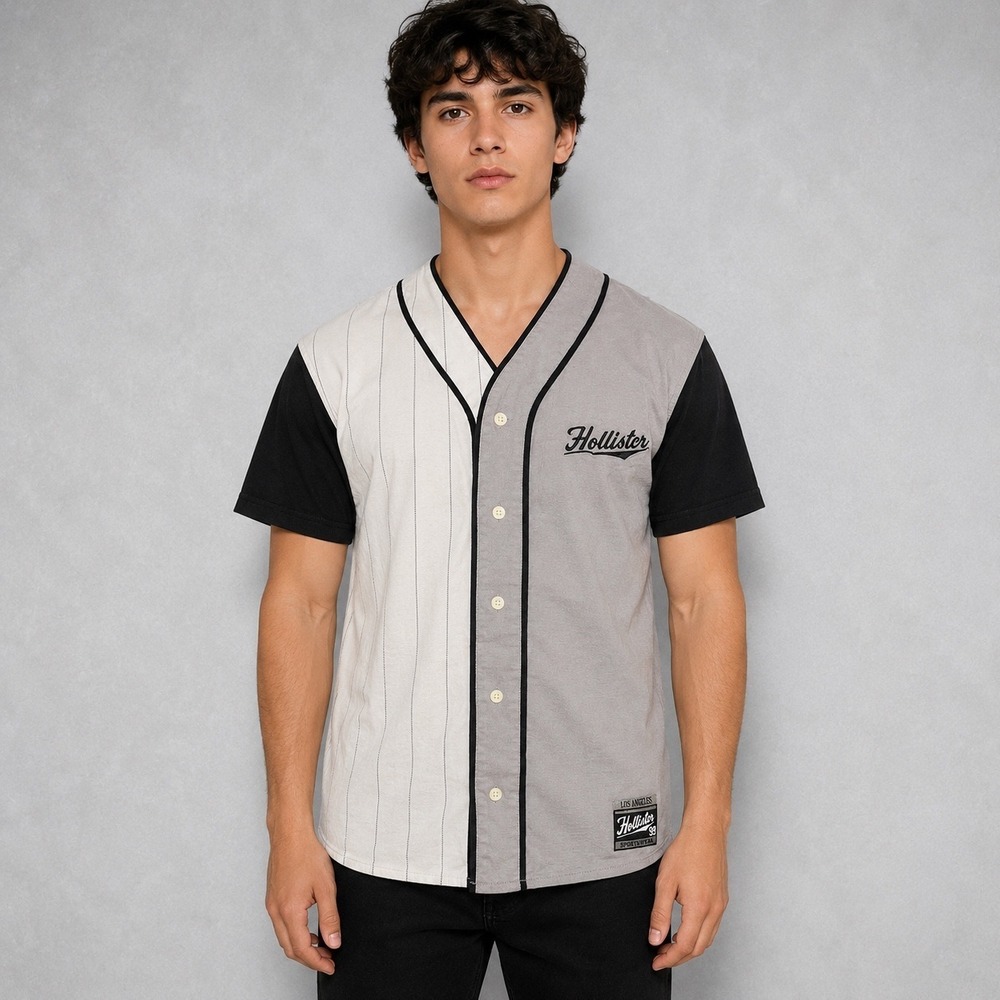 Hollister Shirt Mens XS Gray White Black Baseball Jersey Colorblock Pinstripe